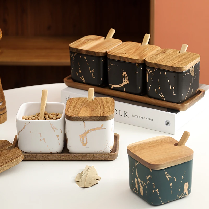 Spice Jars Set Eco-Friendly Home Goods Kitchen Salt Seasoning Jar Set Ceramic Spice Jar With Wood Tray And Lid