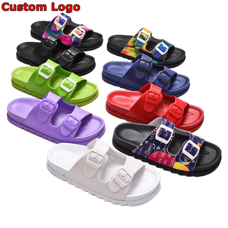 4CM thick sole soft Foot bed customized slides Slip On, Double Buckle Slide Sandals with Comfort Arch Support