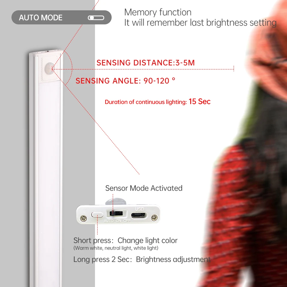 New DC5V Motion sensor Dimmable USB Rechargeable LED under cabinet light for Kitchen Closet stair with led strip lighting