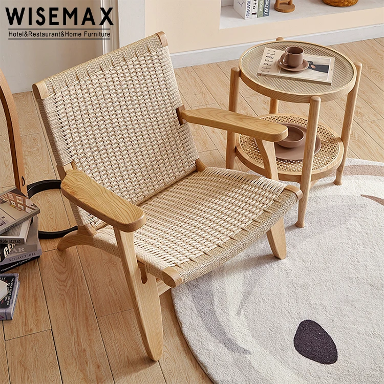 WISEMAX FURNITURE Nordic style wooden and rattan woven lounge chair armrest leisure chair for living room chair
