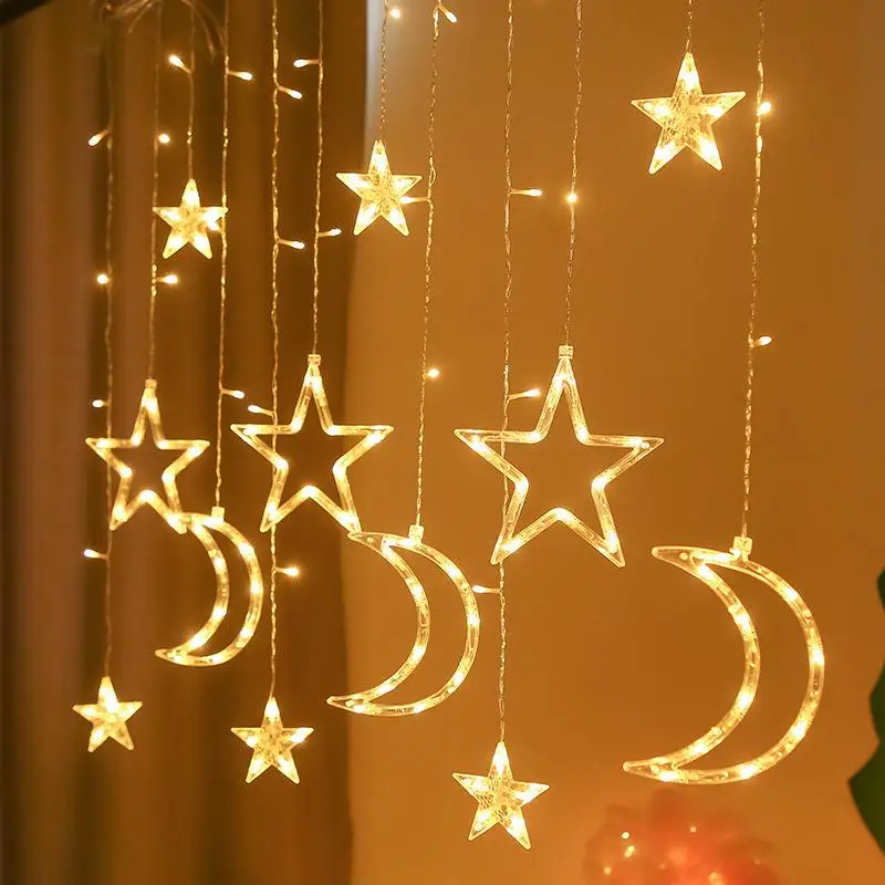 Longstar Ramadan Curtain Decorative Light Moon Star Moon Lamp Fairy Curtain String Lights 138led Light Decoration Sring Curtain