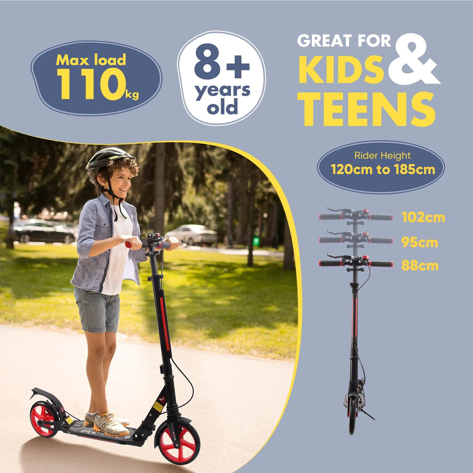Adult Scooter with Rear Break Adjustable Handlebars Big Wheels Shock Absorption - Folding Sport Kick Scooters for Teens Boys