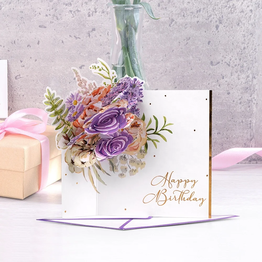 New Creative High End Unique Funny Custom Printing Handmade 3D Flower Pop Up Happy Birthday Greeting Cards for Women