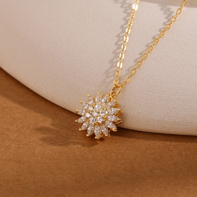 Rainbowking Dainty S925 sterling silver Rotating flower charms jewelry 18k gold plated pave setting cluster cz pendant necklace