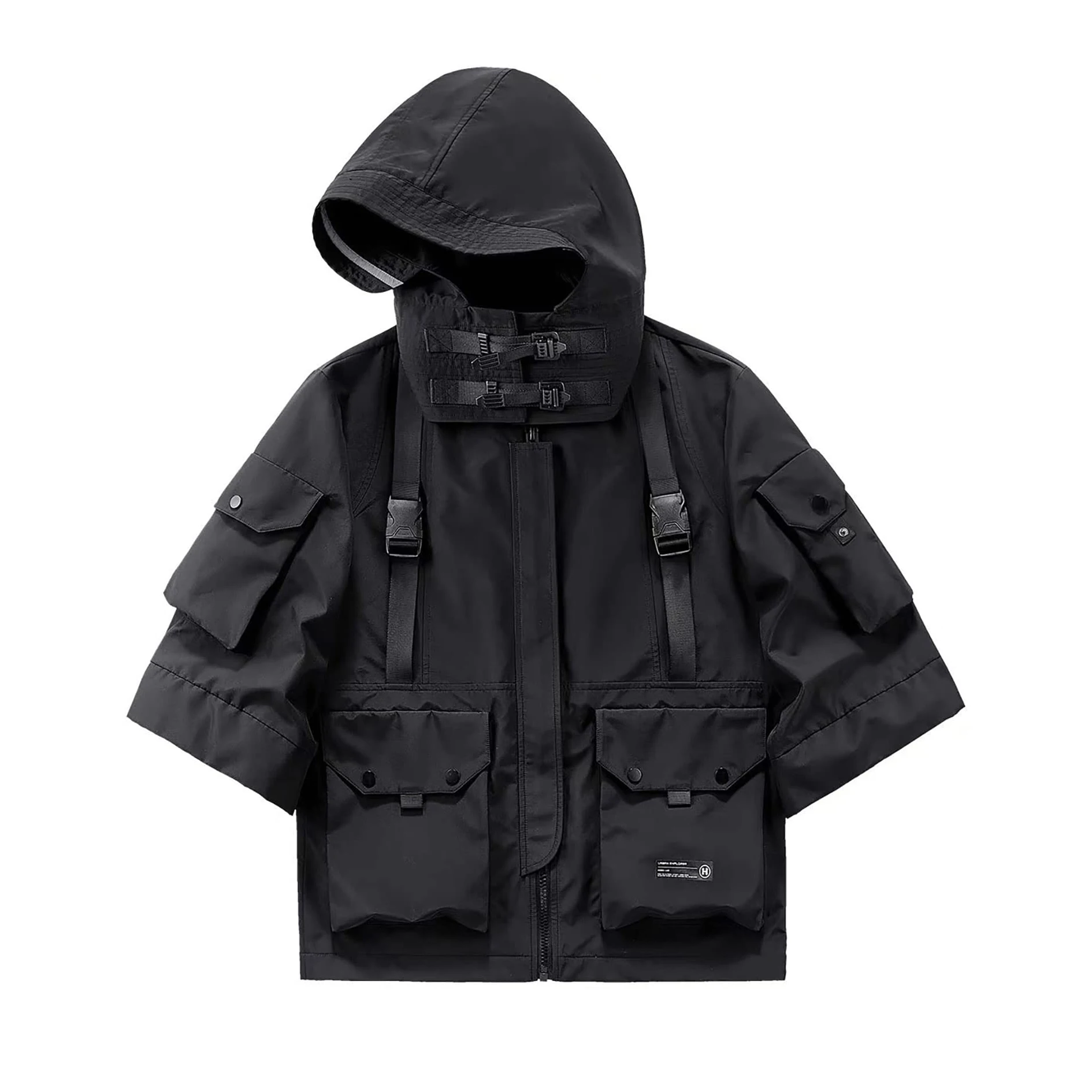 punk style Multi pocket Mens Punk Hooded Streetwear custom logo Windbreaker Jacket Black Techwear Buckled Zip Cargo Jacket