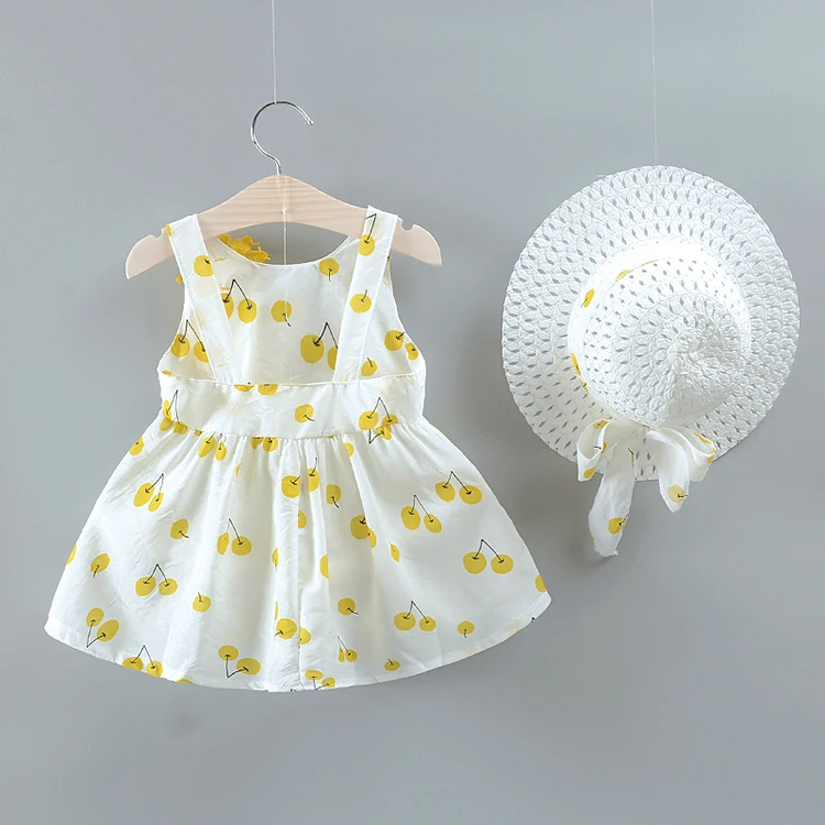 
Summer cute cotton blend baby kids clothes girl toddler dress with straw hat 