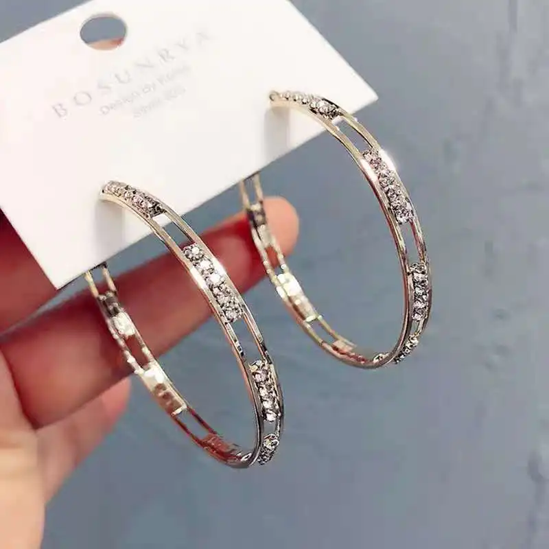  2021 New Gold Color Crystal Hoop Earrings for Women Rhinestone Round Circle Zircon Statement