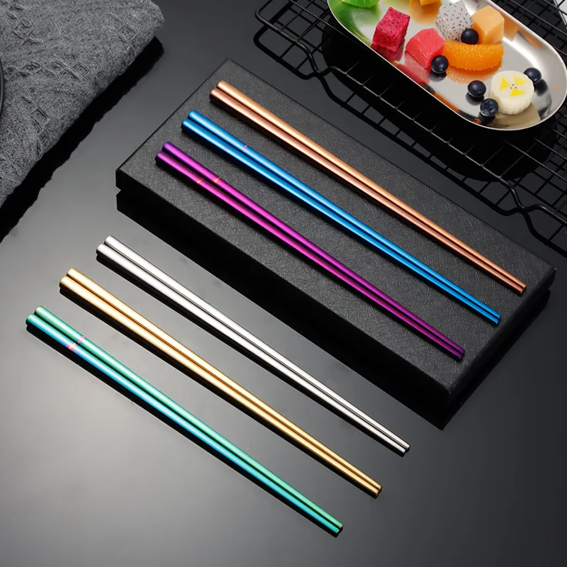 Custom stainless steel Square chopsticks korean colorful titanium chopsticks for wedding gift 23cm metal Traditional chopsticks