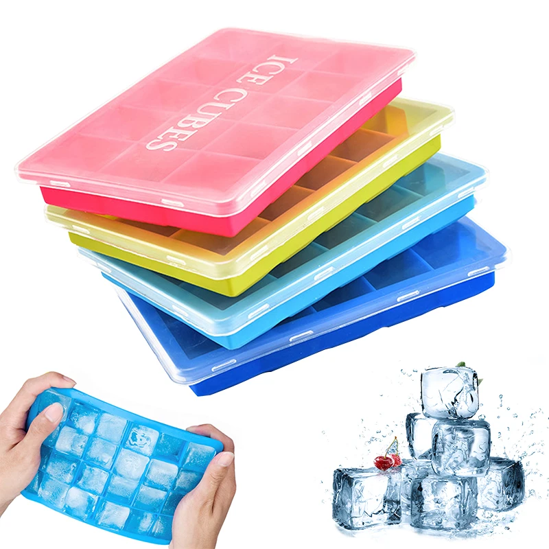 Silicone Ice Cube Maker Trays with Lids for Freezer Icecream Cold Drinks Whiskey Cocktails Kitchen Tools Accessories Ice Molds