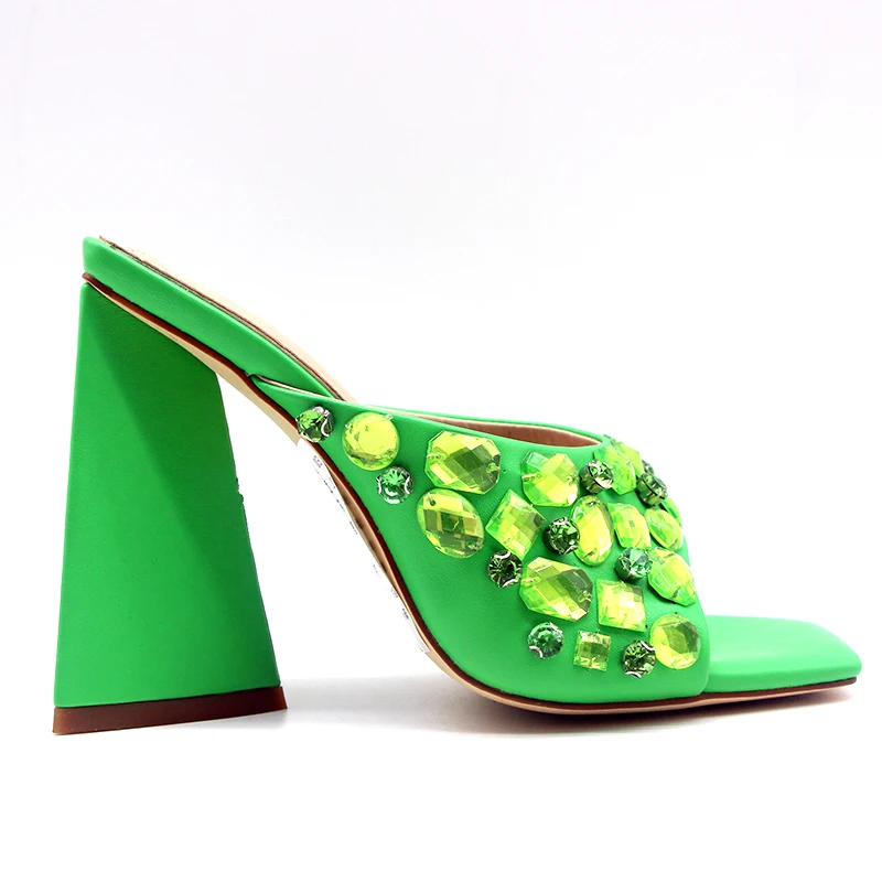 fashion Open Square Toe Concise Women Sandals Summer Slip On Chunky Heel Slippers Sexy Green Slides Shoes