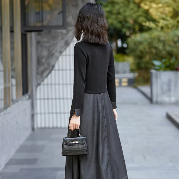 2024 Wholesale Popular Selling Customised Vintage Tea Break Shirt Neck A-Line Long Sleeve Knitwear Sweater Dress for Women