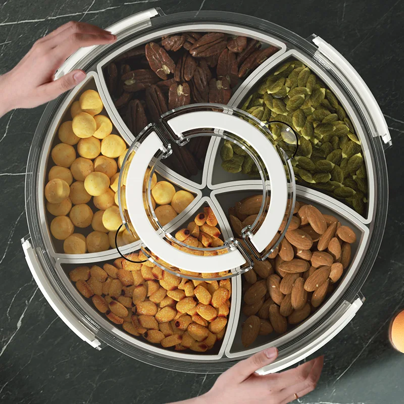 Home Transparent Food Storage Container Rotating Serving Tray 5 Compartment Round Snackle Box