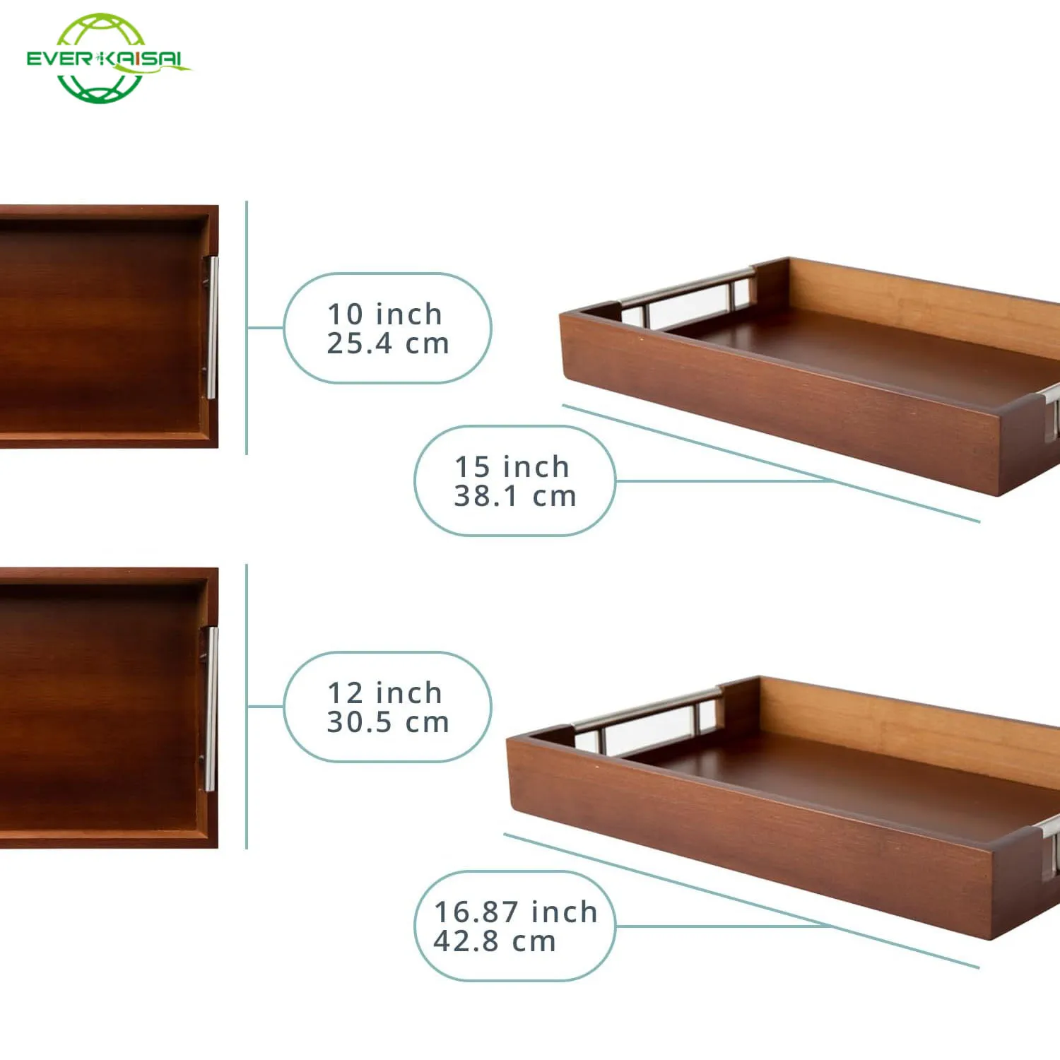 A set of 2 Modern Bamboo Trays  with Metal Handles, Dark Brown Wooden Pallets for Entertainment and Food Supply, Kitchenware set