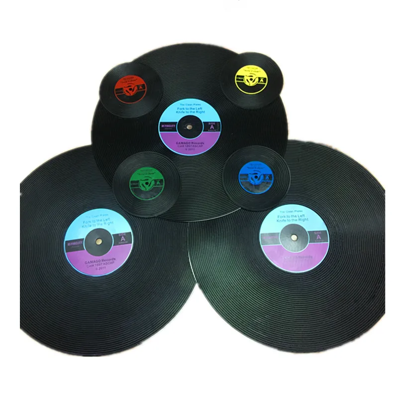 6-Piece set of vintage PVC coasters for beverage protection desktop silicone slip ring vinyl recording color round disc Coasters