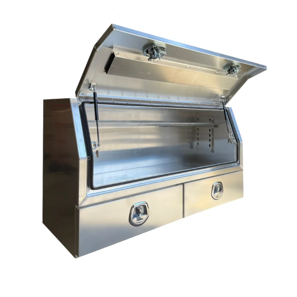 Custom Waterproof Powder Coated Flat Aluminum Alloy Pick Up Truck Tool Box With Whale Tail Locks And Removable Shelf