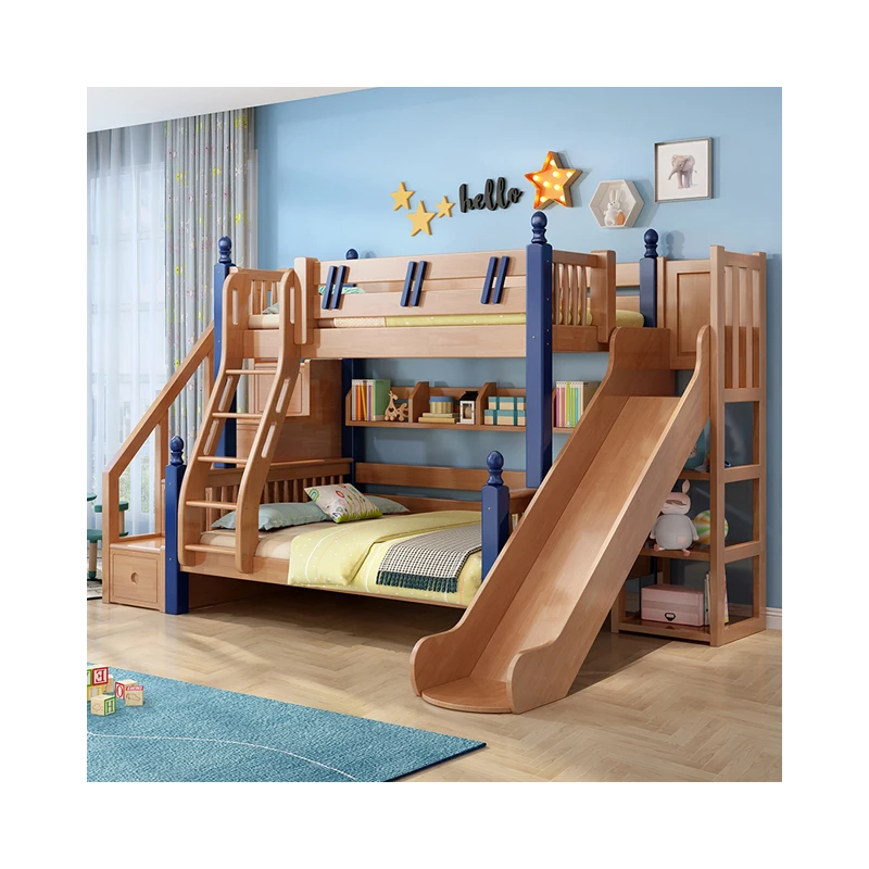 Latest modern design solid wood bed furniture children double bunk beds with ladder