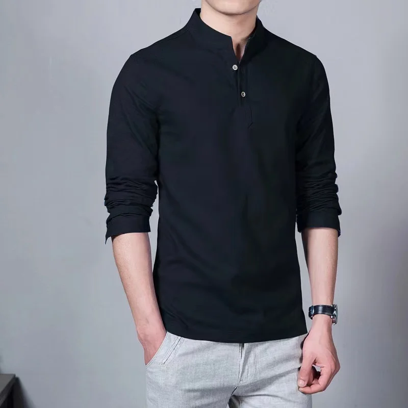 wholesale new custom logo blank mandarin collar casual pullover fitness long sleeve shirt for men