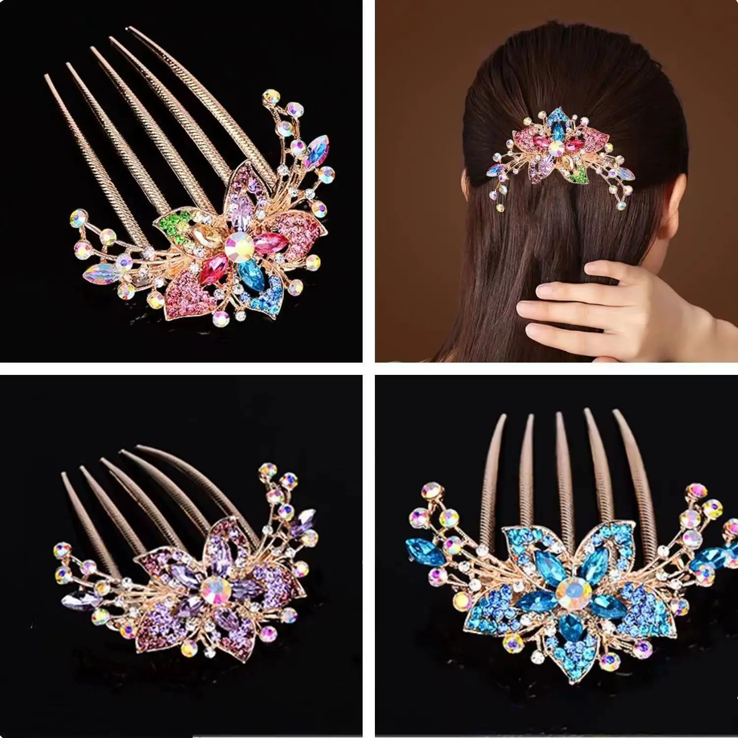 Factory Price Korean Five Tooth Clust Combs Flower Leaf Bridal Crystal Afro Comb Clip In Hair Bun Hair Accessories