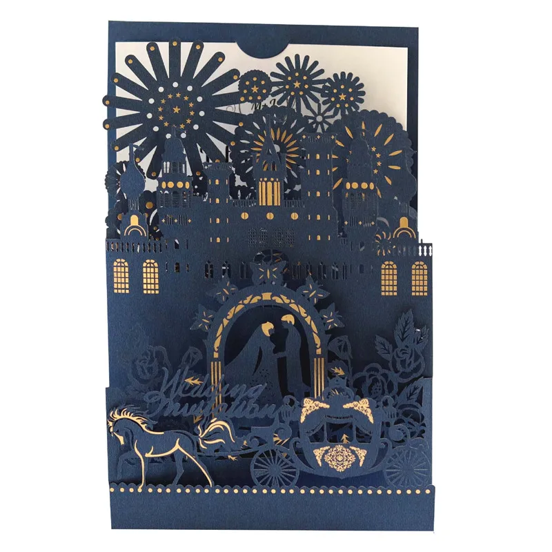 Luxury Greeting Gift Card  with Pumpkin Carriage for Wedding Invitation Card  with 3D Castle