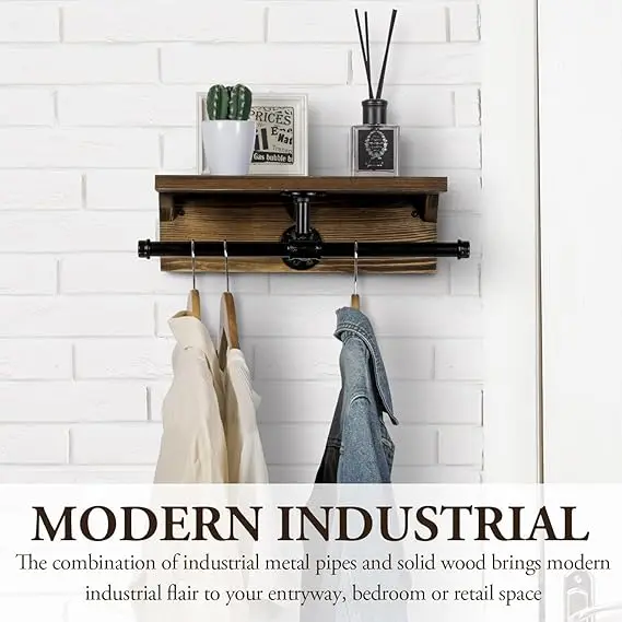 Wall Mounted Garment Rack with Top Rustic Burnt Solid Wood Shelf