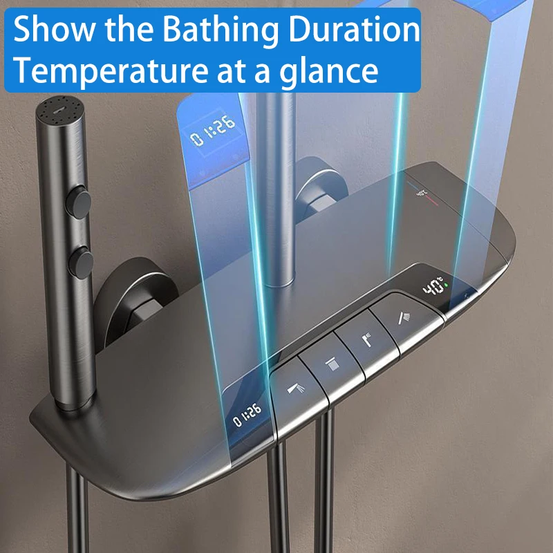 Tiktok Hot Gun Gray Intelligent Piano Digital Display Faucet Shower Rainfall System Set Hot Cold Tap Shower Set