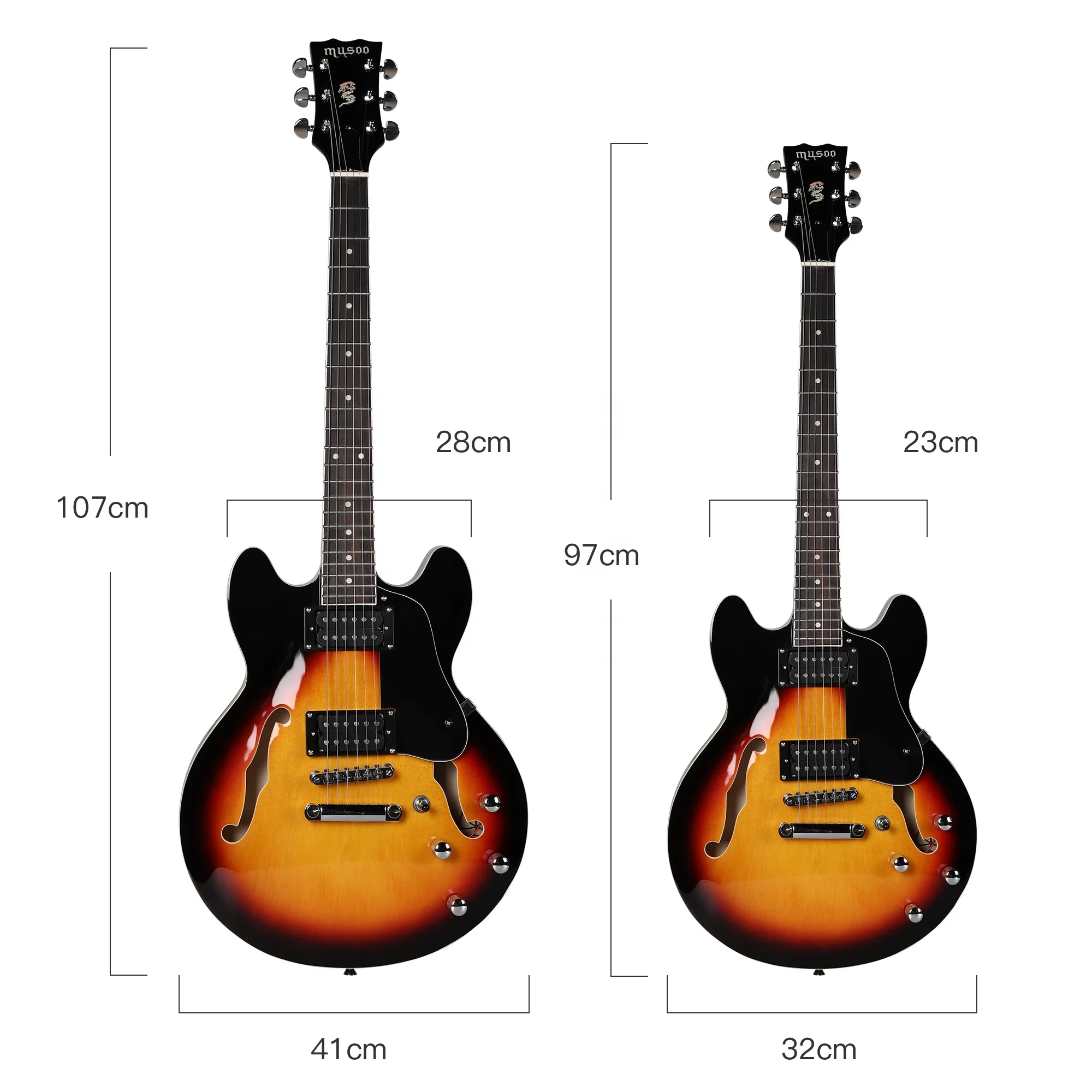 Musoo small 335  jazz style semi-hollow travel electric guitar tobacco sunburst color custom left handed