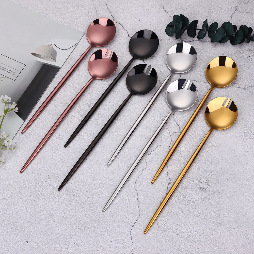 luxury glossy gold long handle salad serving spoon and fork 18-10 stainless stainless durable salad mixing utensil cutlery set