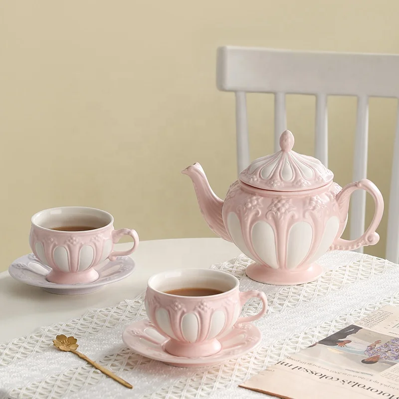 European relief vintage ceramic purple pink porcelain tea coffee cup pot set with saucer plate ceramics