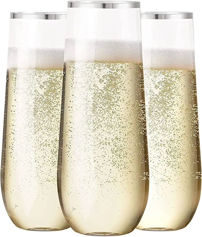 9 oz Silver Rim Disposable Plastic Stemless Champagne Flutes Toasting Glassesware Shatterproof Recyclable Wedding Gift