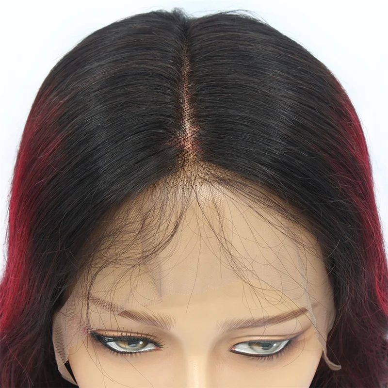 Highlight Wig Short Bob Natural Black and Red Mixed Colored Wig Human Hair Body Wavy 13*4 Lace Front Wig