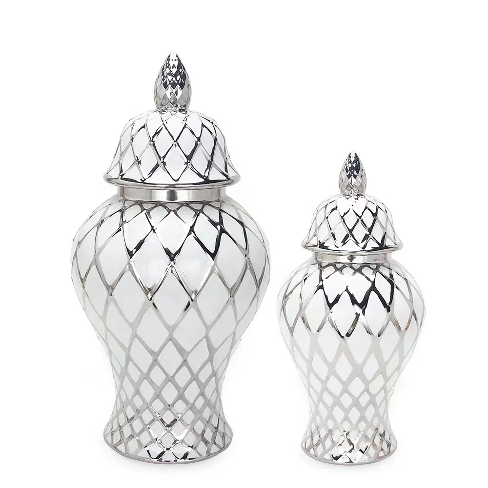 Hotel Home Decor Golden Silver Electroplated Large White Luxury Ceramic Flower Vases Ginger Jars