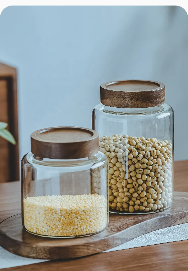 wholesale factory price Kitchen Storage thread type borosilicate glass food storage jars with airtight Acacia wooden screw Lid