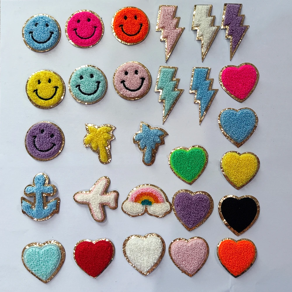 Wholesale Low MOQ Multi Style Chenille Self Adhesive Rainbow Sticker Embroidery Smile Face Patches Heart Patches For Bag
