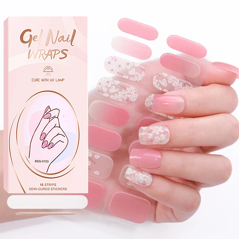 Factory customization glitter crystal jellyl semi cured wraps long lasting gel nails strips sticker