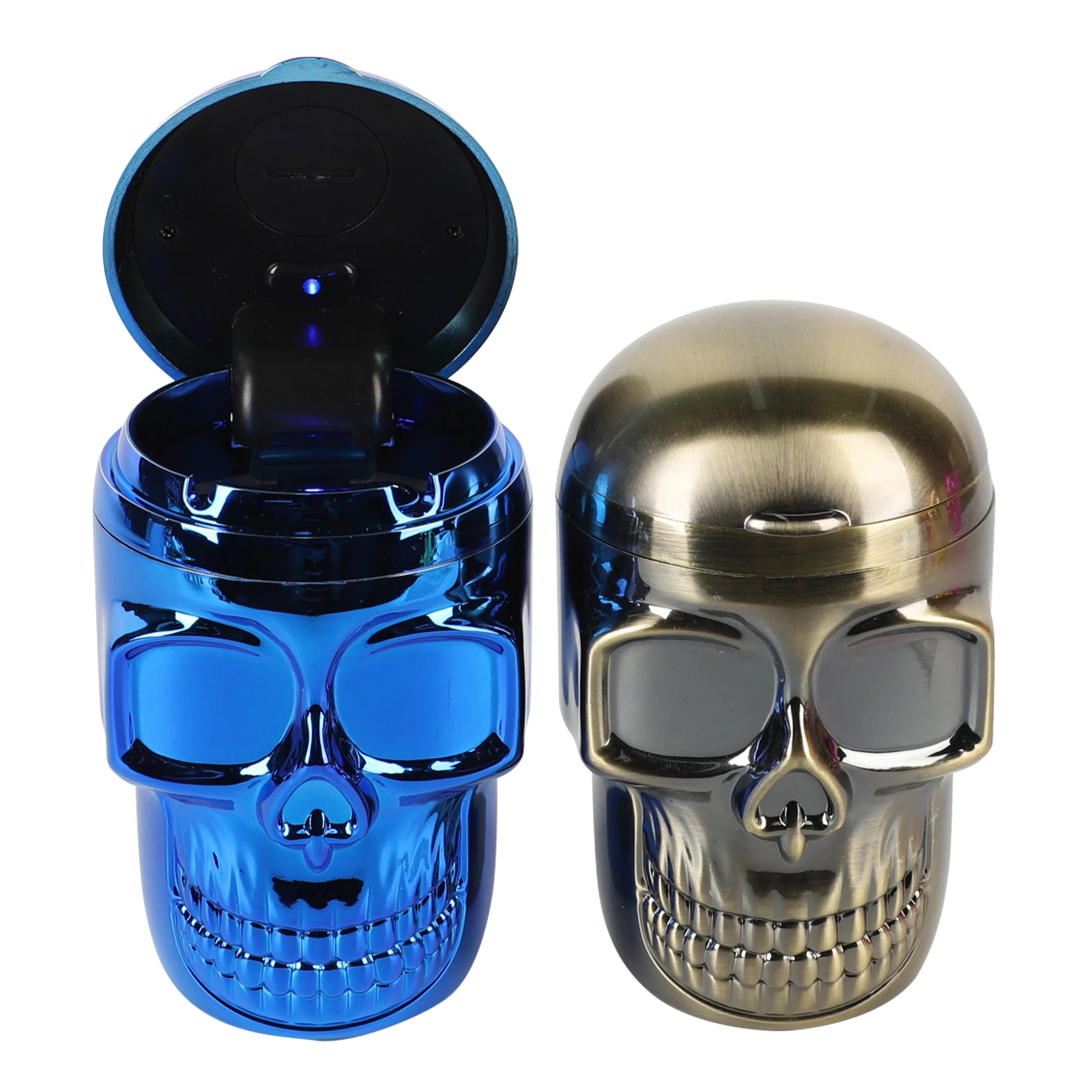 UKETA customized display box car ashtray smellproof windproof skull shape ABS plastic car ashtray with Led light