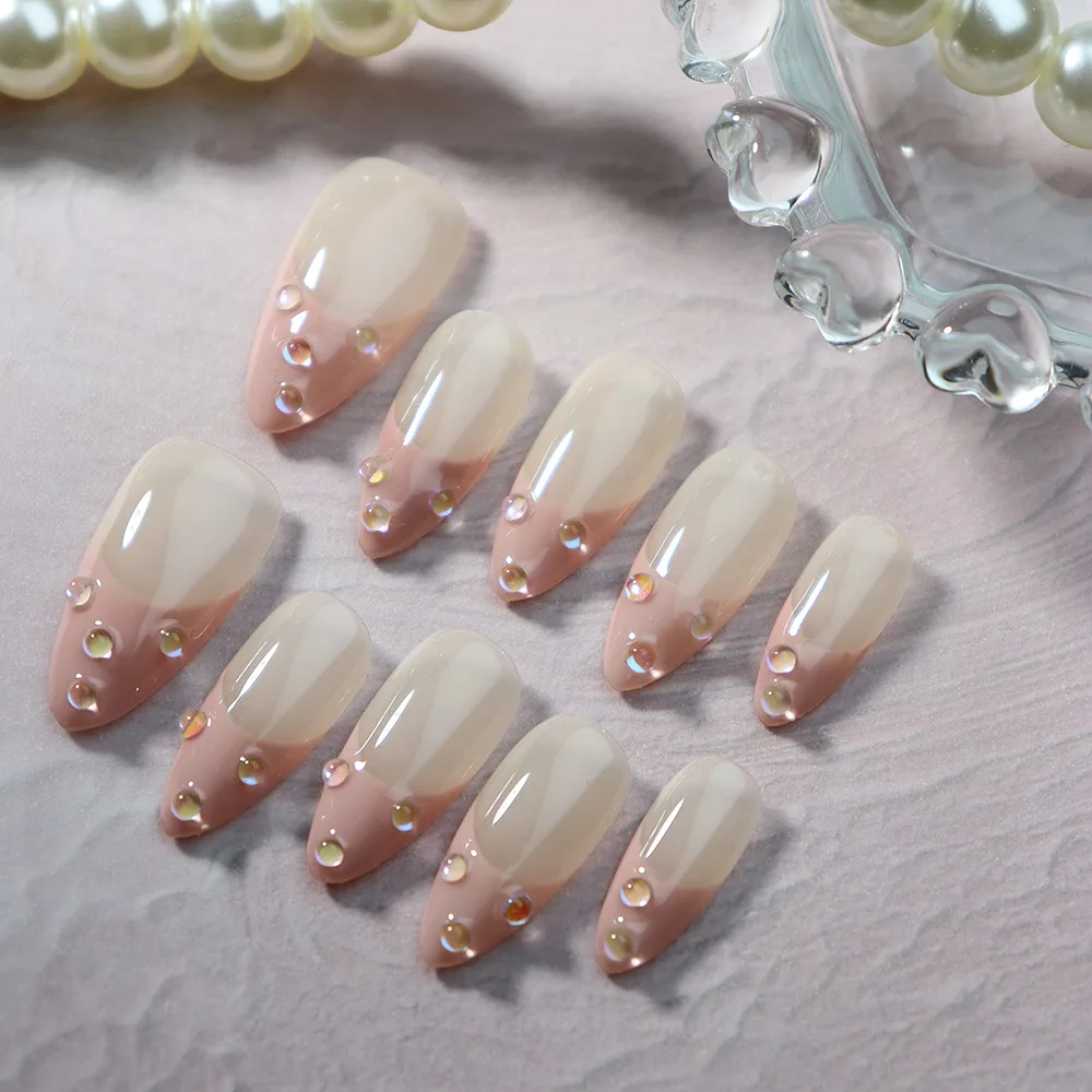 French Presse On Nails With Glitter Diamond  High Quality Acrylic Press On Nails Luxury Handmade Durable New Glue For False Nail