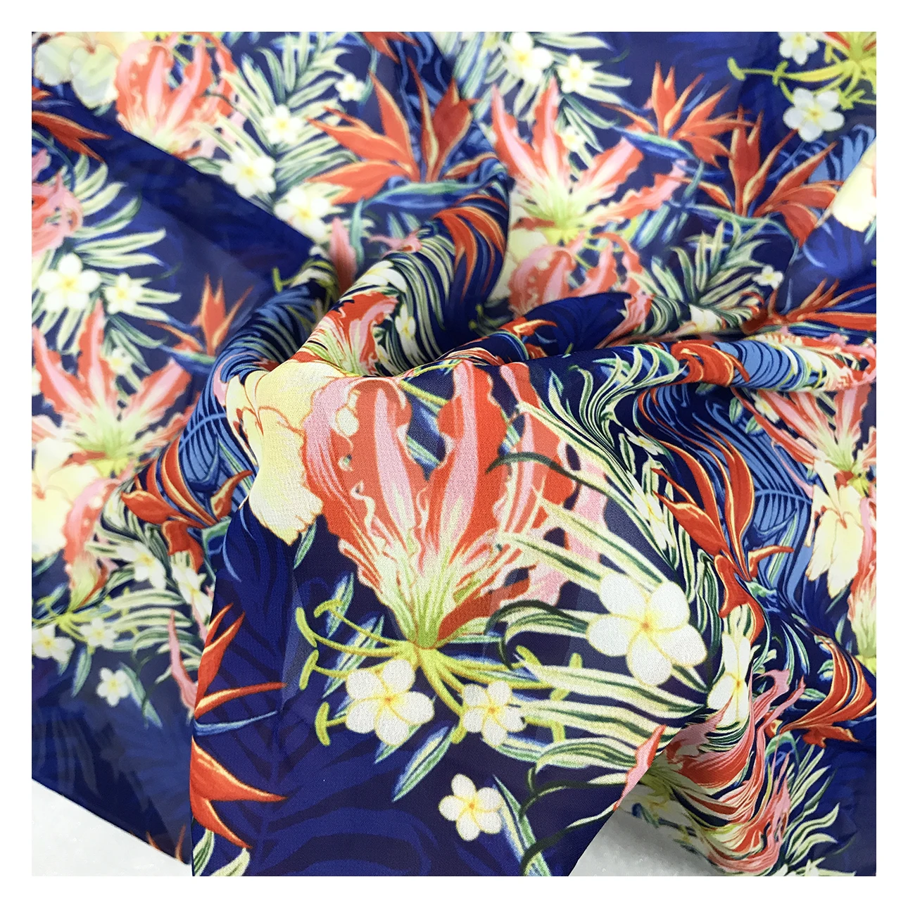 New fashion vibrant blue tropical floral pattern 75D dubai chiffon fabric sublimation printing for clothing