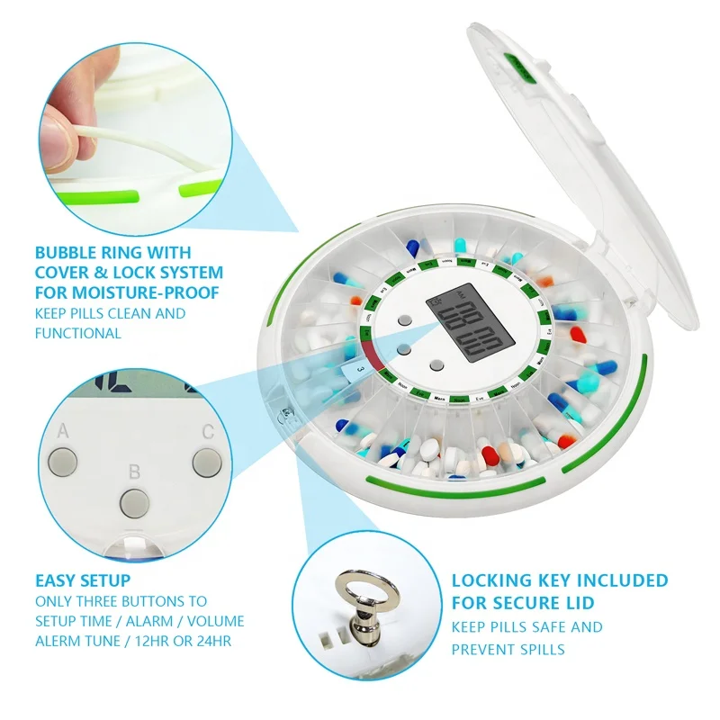 Стандартный отдельный диспенсер для таблеток с сигнализацией для пожилых людей, 28-дневный цилиндрический диспенсер для таблеток