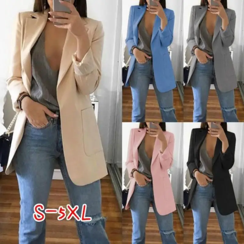 Ladies Open Front Long Sleeve Elegant Slim Womens Casual Blazers Femme Work Office Jacket 2021