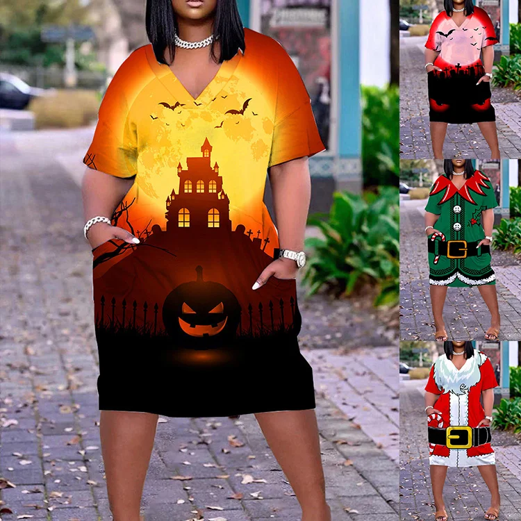 African Dress Christmas Women Fashion Bohemian Short Sleeve Shirts Dresses Midi Sexy Party Evening Elegant Sundress V-Neck Dress