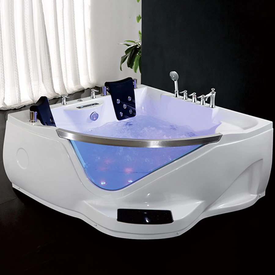 Low price 1500mm 2 sided skirt clear glass acrylic hydraulic massage bathtub whirlpool