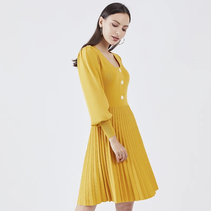 Wholesale bulk ladies clothing fashion long puff sleeve casual women knit dress