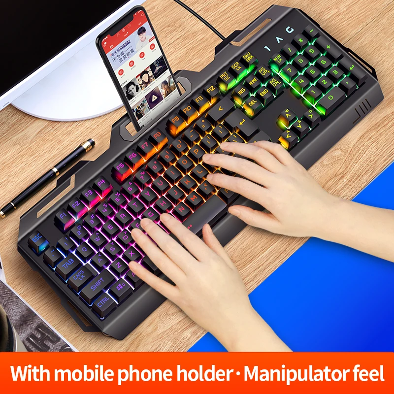 V2 Wired Hot selling 104 key Gaming Keyboard Mechanical Waterproof Keyboard with Back-light RGB phone holder Keyboard