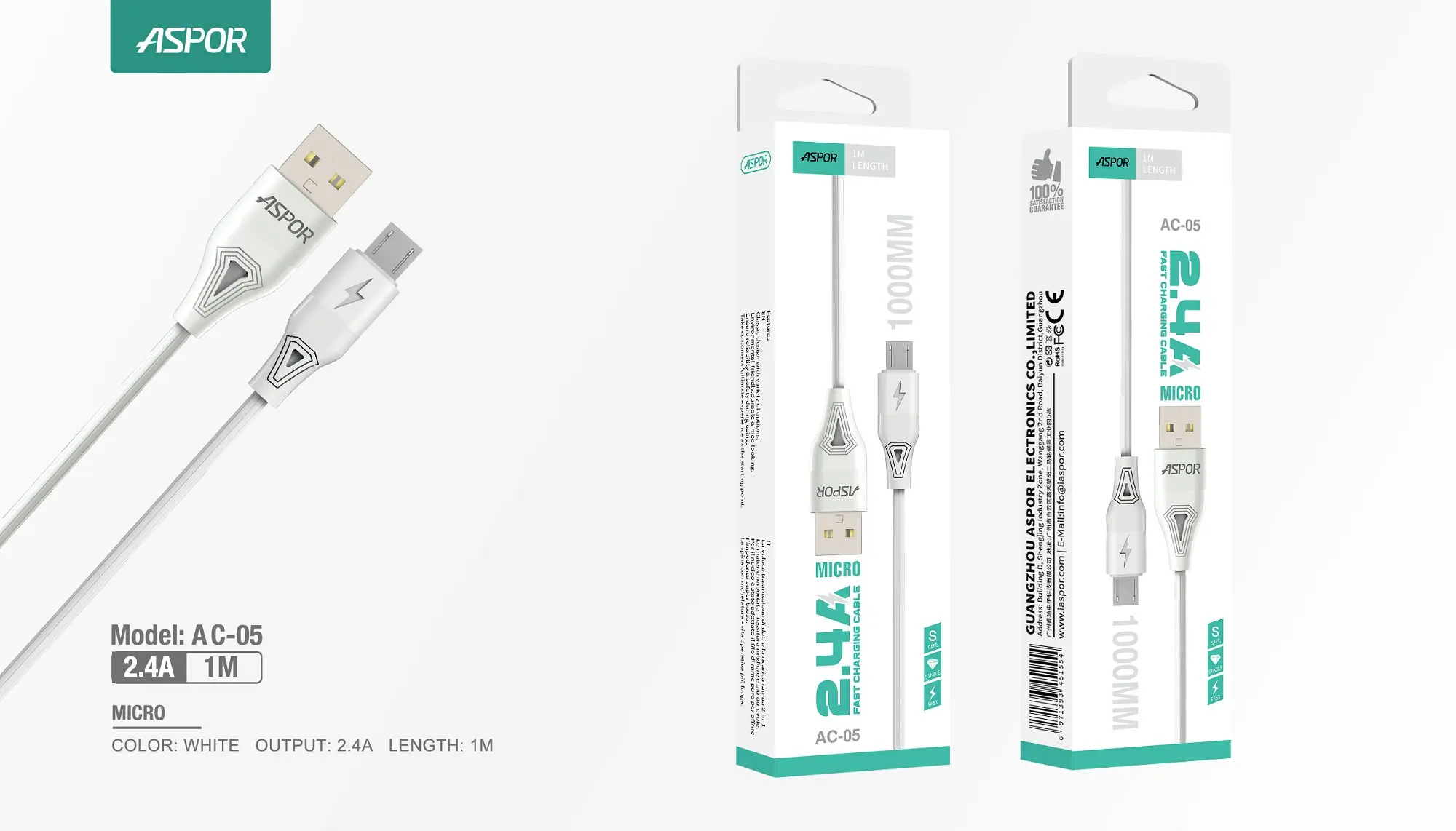 ASPOR 1M Length 2.4A Fast Charge Cable PVC White Micro Cable