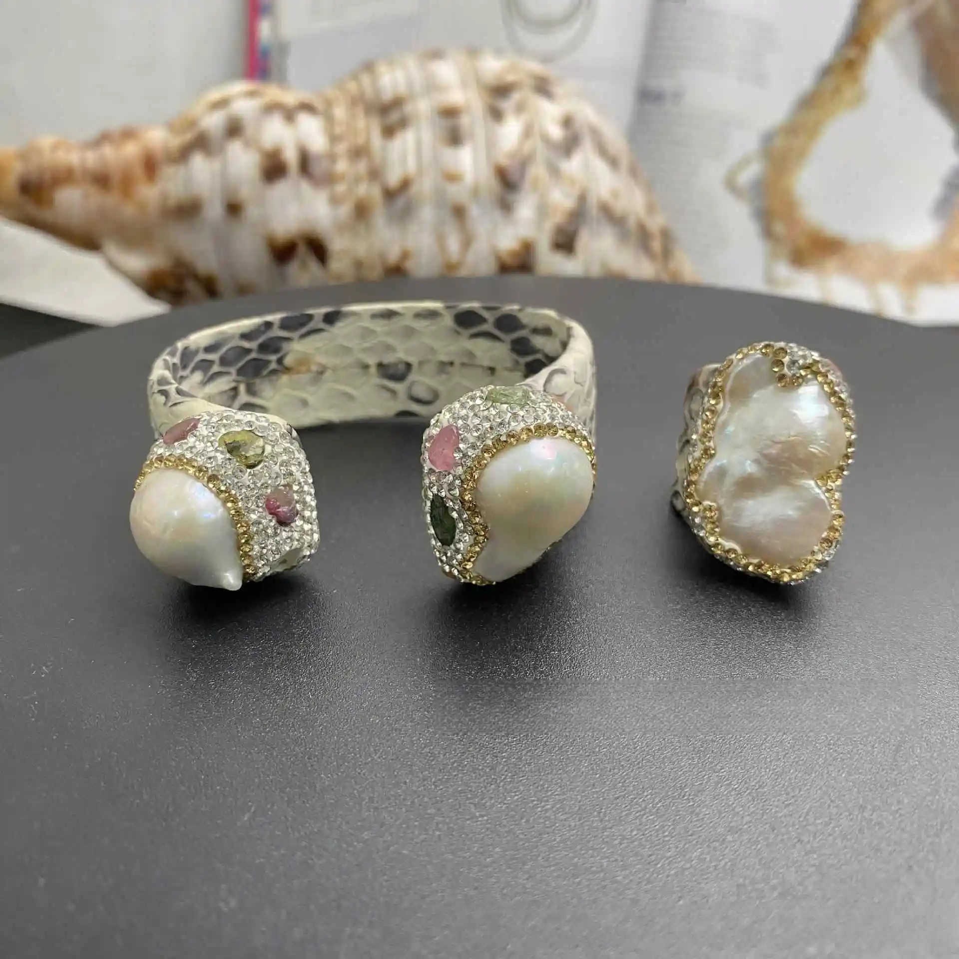 ZJFP Freshwater Pearl Bangle Pearl Ring Leather Set 2Pieces Jewelry Sets For Women Gifts