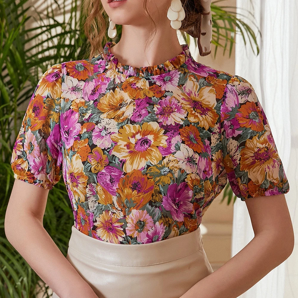 2023 Sunflower Floral  Print Round Neck Shirt Puff Sleeve Summer Casual Ruffles Woman Blouse