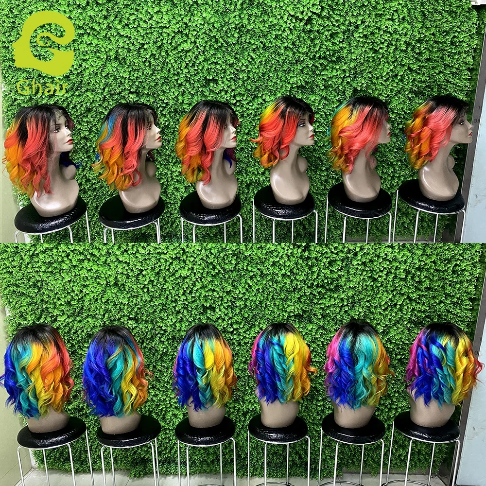 
Ready to Ship 100% Human Hair Rainbow Short Hair Wig 10 12 14 inch Halloween Party Rainbow Bob Wig 
