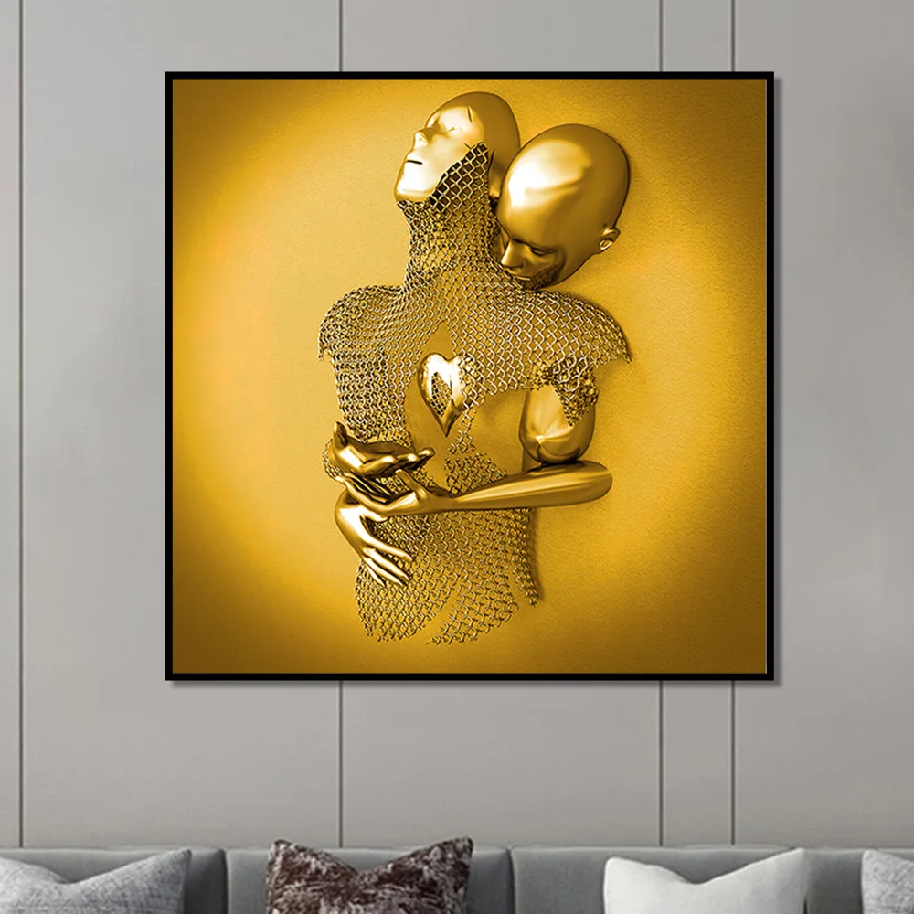 Luxury Custom Portrait Painting Abstract Golden Sculpture Kiss Lover Wall Art  Canvas Painting For Home Decor