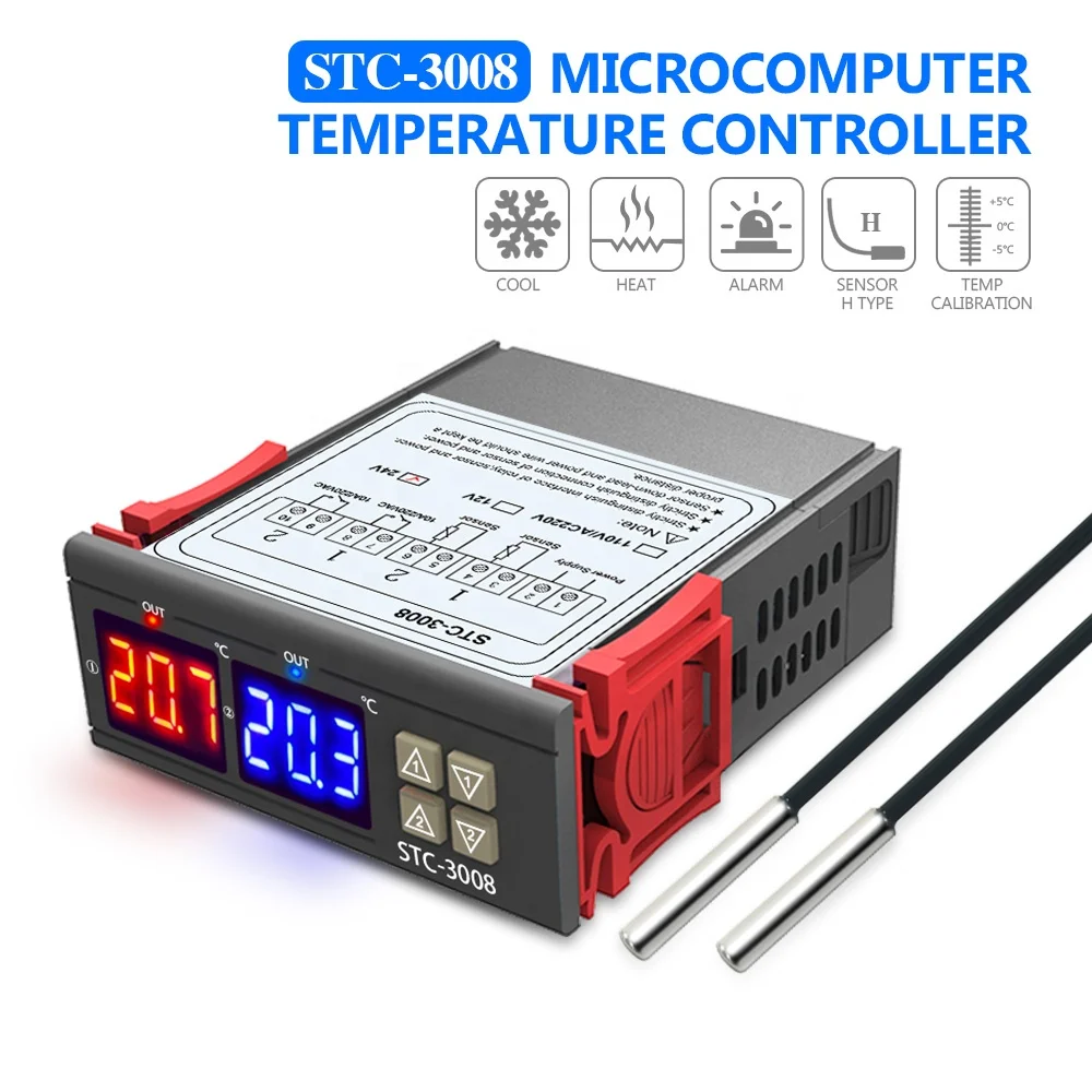  STC-3008 двойной светодиодные цифровые трубки термометр DC 24V регулятор температуры термостат NTC датчик Выход