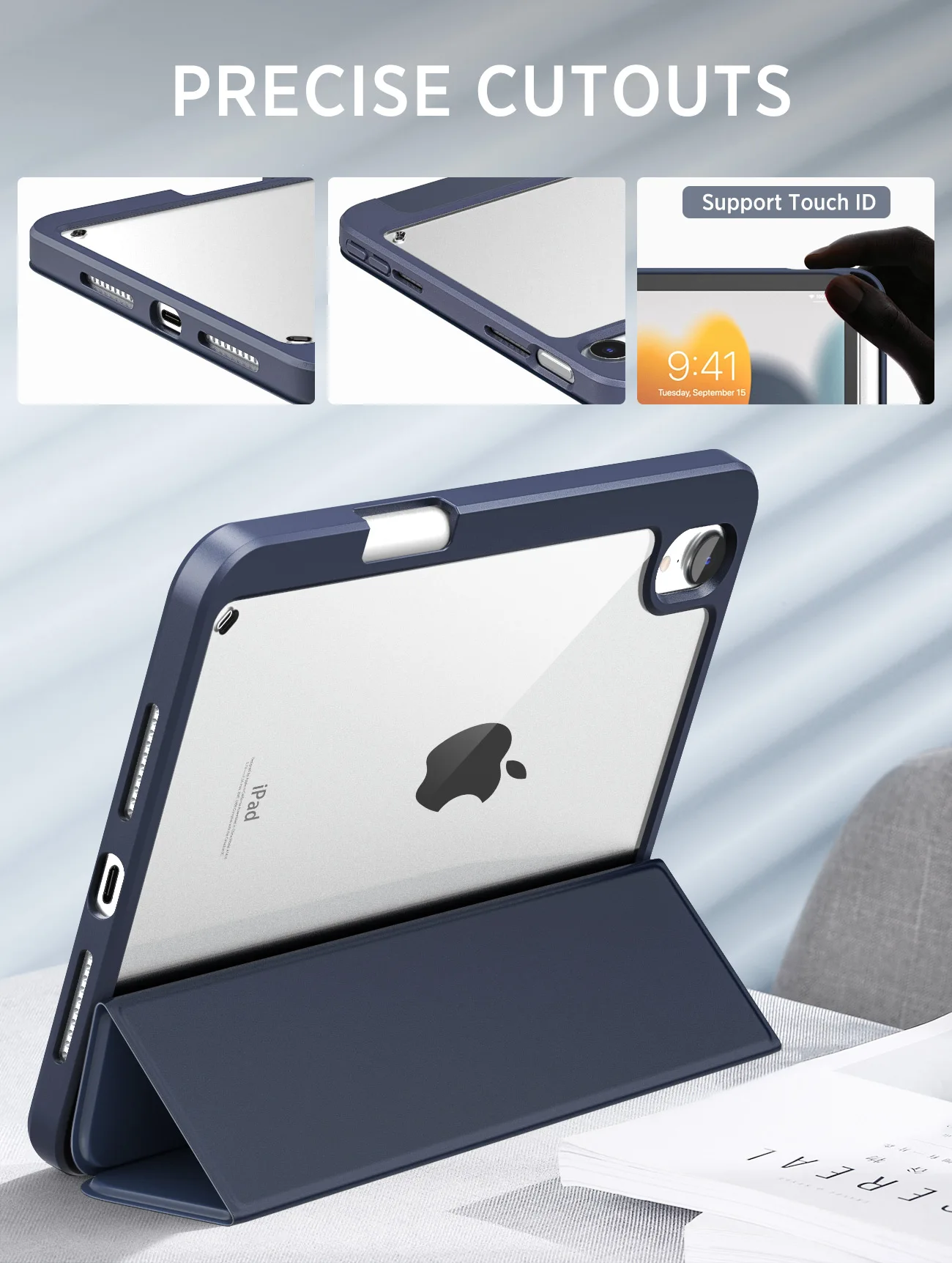 MoKo Case Fit New iPad Mini 6 Case with Pencil Holder with Soft TPU Frame Hard PC Clear Transparent Back Shell Smart Cover